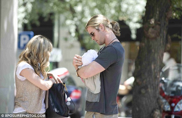 Taking care: The Thor actor was eager to make sure his pride and joy was OK throughout their walk